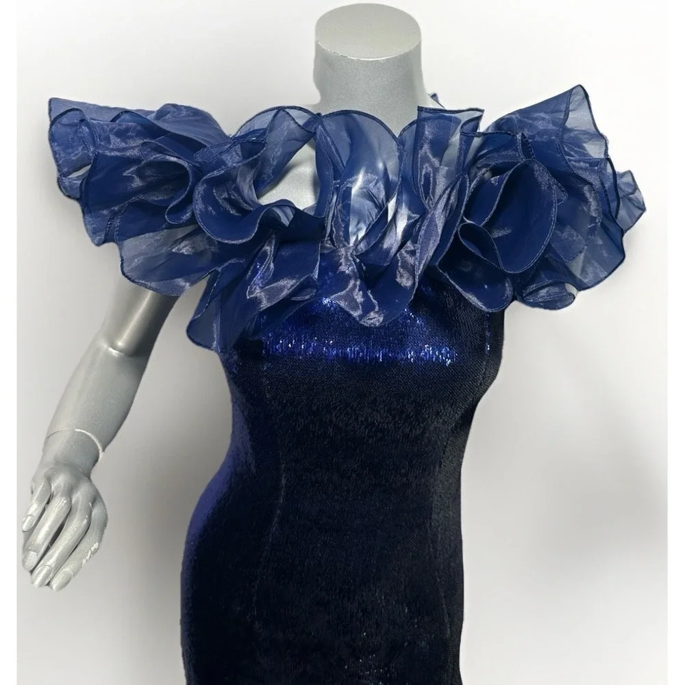 Sherri Hill 55328 Navy Blue Sequin Off-The-Shoulder Ruffle Gown – Size 00